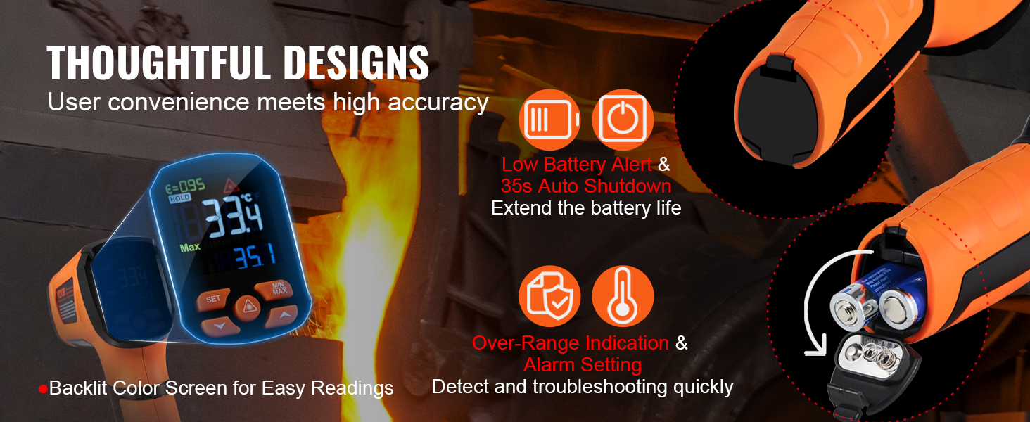VEVOR Infrared Thermometer, -40°F~2732°F Dual Laser Temperature Gun Non-Contact, Handheld IR Heat Temperature Gun & Adjustable Emissivity for Metal Smelting/Cooking/Pizza Oven/Engine (Not for Human)