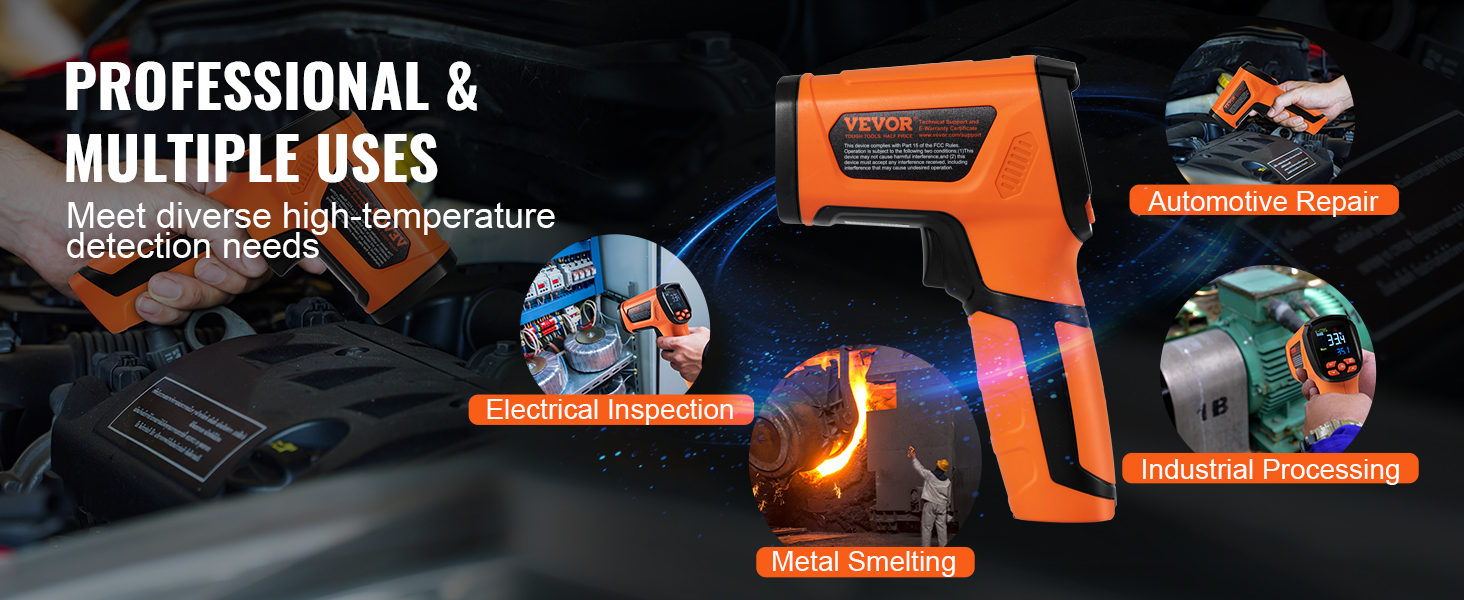 VEVOR Infrared Thermometer, -40°F~2732°F Dual Laser Temperature Gun Non-Contact, Handheld IR Heat Temperature Gun & Adjustable Emissivity for Metal Smelting/Cooking/Pizza Oven/Engine (Not for Human)