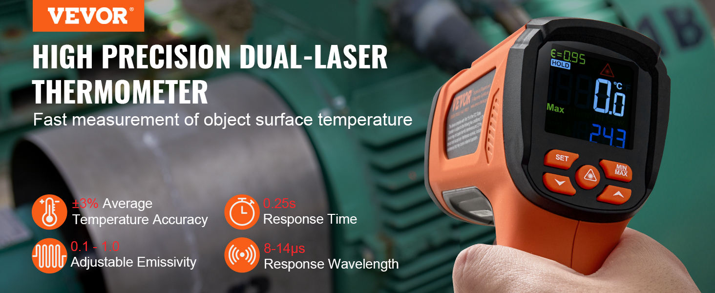 VEVOR Infrared Thermometer, -40°F~2732°F Dual Laser Temperature Gun Non-Contact, Handheld IR Heat Temperature Gun & Adjustable Emissivity for Metal Smelting/Cooking/Pizza Oven/Engine (Not for Human)