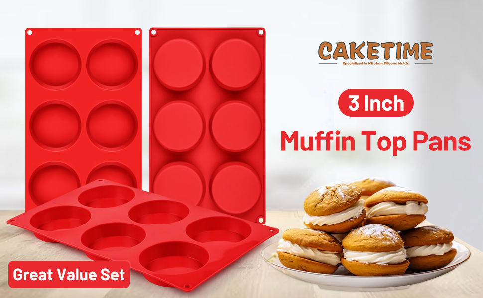CAKETIME Muffin Top Pan, Silicone Egg Molds for Breakfast Sandwiches 3 Inch Round Silicone Baking Molds for Baking English Muffins, Whoopie Pies, Corn Bread, Egg Bites, Tarts 3 Pack
