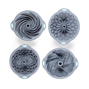 Tongjude 4 Pieces Silicone Fluted Cake Pans, 9/10/12 Cups Tube Baking Pan, Silicone Molds for Homemade Cake, Bread and Jello, Non-Stick, Grey