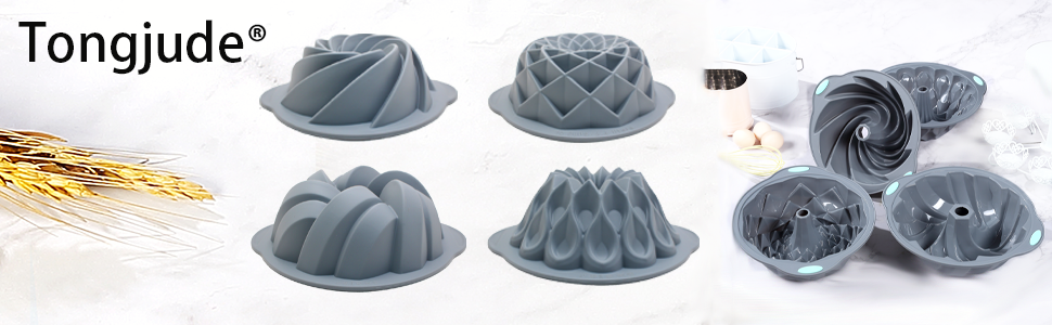 Tongjude 4 Pieces Silicone Fluted Cake Pans, 9/10/12 Cups Tube Baking Pan, Silicone Molds for Homemade Cake, Bread and Jello, Non-Stick, Grey