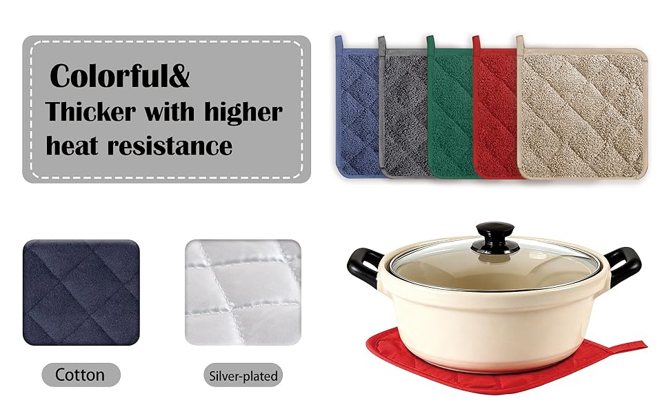 Potholders, Pot Holders for Kitchen Heat Resistant Cotton Hot Pads with Hanging Loops, 3-Pack (Blue+Gray+Green)