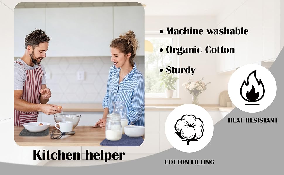 Potholders, Pot Holders for Kitchen Heat Resistant Cotton Hot Pads with Hanging Loops, 3-Pack (Blue+Gray+Green)