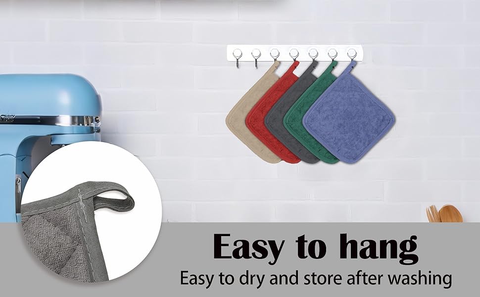 Potholders, Pot Holders for Kitchen Heat Resistant Cotton Hot Pads with Hanging Loops, 3-Pack (Blue+Gray+Green)