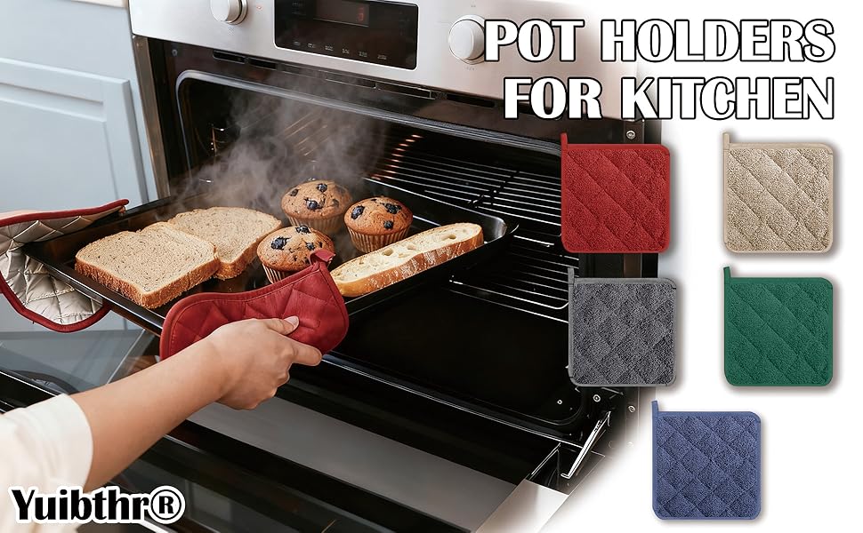 Potholders, Pot Holders for Kitchen Heat Resistant Cotton Hot Pads with Hanging Loops, 3-Pack (Blue+Gray+Green)