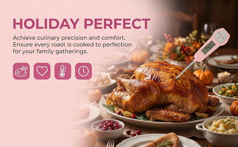 Digital Meat Thermometer Instant Read, Food Thermometer for Kitchen Oven Grill BBQ Smoker, Waterproof Probe for Cooking Grilling BBQ Baking Liquids Beef Turkey Chicken Steak Candy Temp Gauge (Pink)