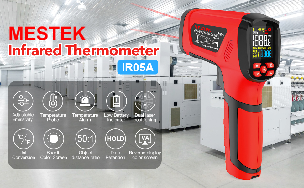 -40℉~2912℉ MESTEK Infrared Thermometer High Temperature Gun,50:1 Dual Laser Thermometer/K-Probe 14°F - 932°F, Digital Laser IR Temp Gun for Cooking,Pizza Oven, Engine, Kiln, Forging, Industrial Use