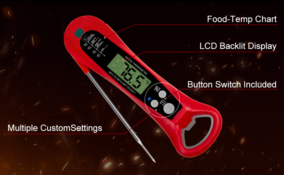 Instant Read Digital Meat Thermometer for Cooking and Baking - Accurate Food Thermometer for Ovens and Grills Red