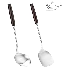 FJNATINH Wok Spatula and Ladle,Skimmer Ladle Tool Set, 17inches Spatula for Wok, 304 Stainless Steel Wok Spatula,Black