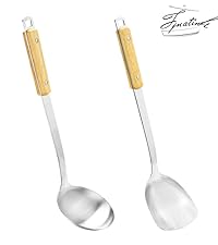 FJNATINH Wok Spatula and Ladle,Skimmer Ladle Tool Set, 17inches Spatula for Wok, 304 Stainless Steel Wok Spatula,Black