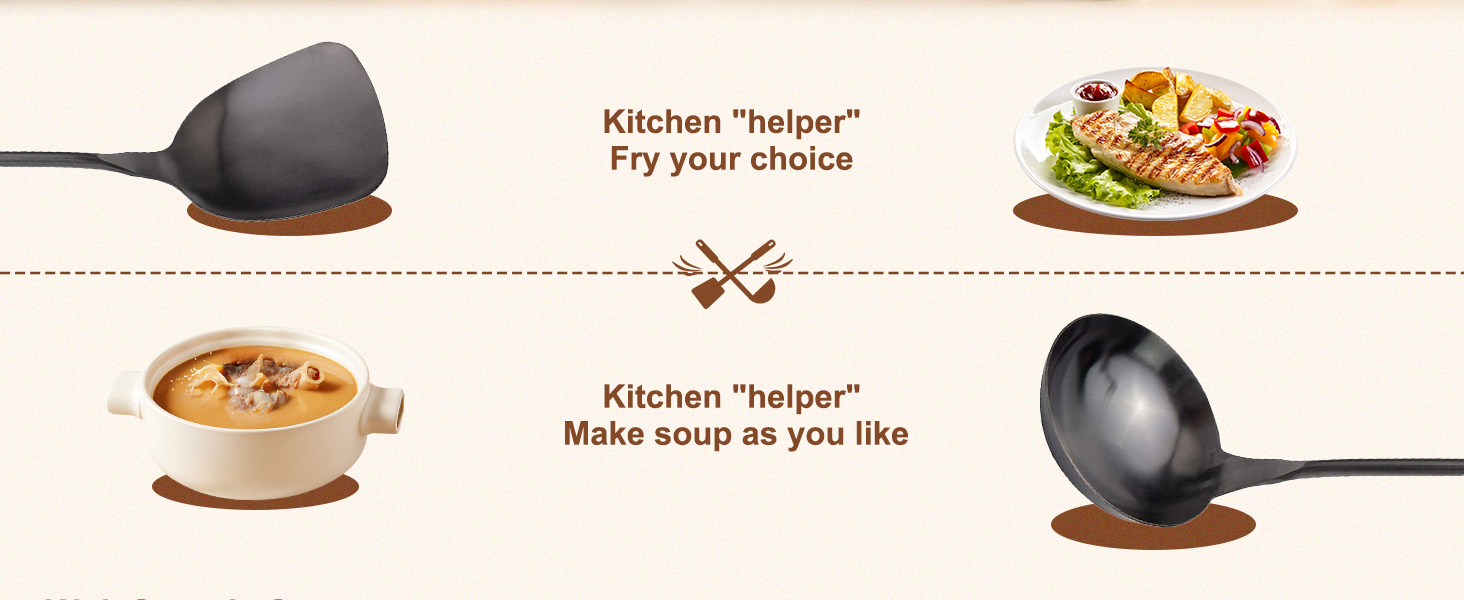 FJNATINH Wok Spatula and Ladle,Skimmer Ladle Tool Set, 17inches Spatula for Wok, 304 Stainless Steel Wok Spatula,Black