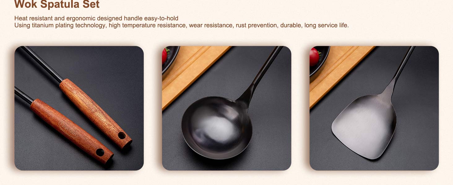 FJNATINH Wok Spatula and Ladle,Skimmer Ladle Tool Set, 17inches Spatula for Wok, 304 Stainless Steel Wok Spatula,Black