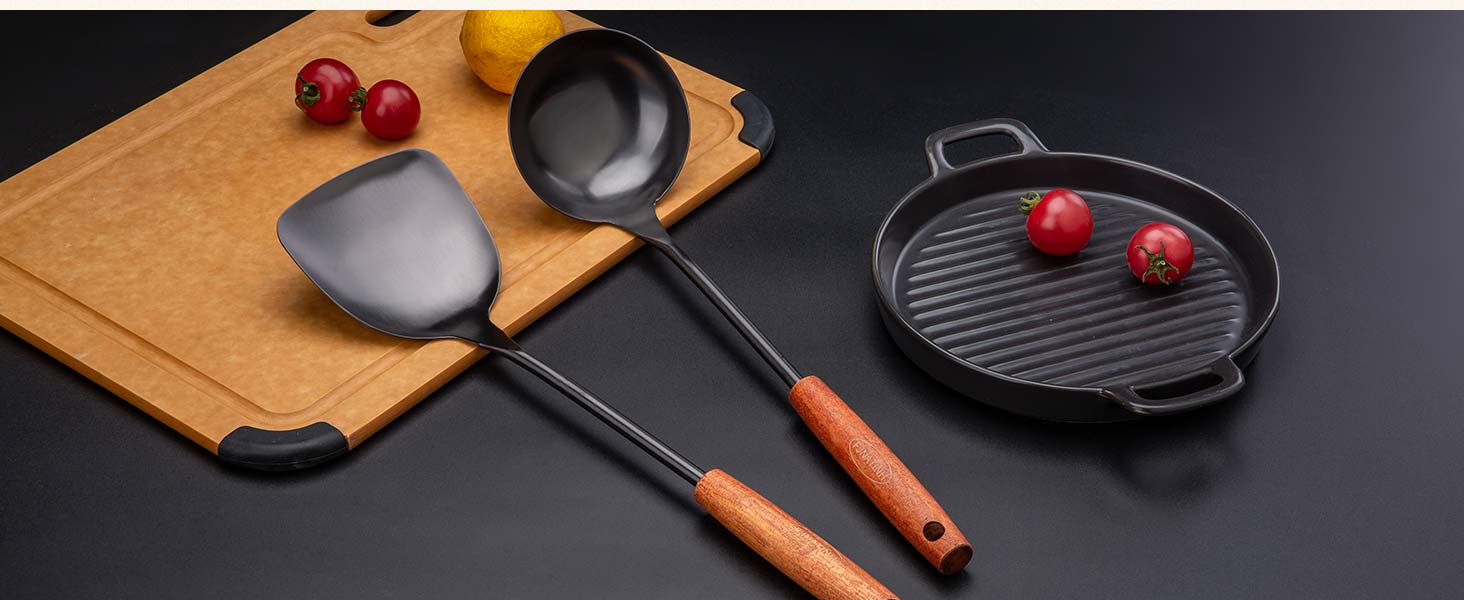 FJNATINH Wok Spatula and Ladle,Skimmer Ladle Tool Set, 17inches Spatula for Wok, 304 Stainless Steel Wok Spatula,Black