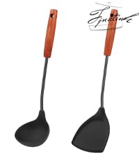 FJNATINH Wok Spatula and Ladle,Skimmer Ladle Tool Set, 17inches Spatula for Wok, 304 Stainless Steel Wok Spatula,Black