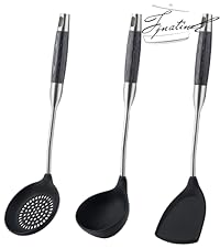 FJNATINH Wok Spatula and Ladle,Skimmer Ladle Tool Set, 17inches Spatula for Wok, 304 Stainless Steel Wok Spatula,Black