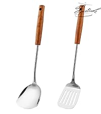 FJNATINH Wok Spatula and Ladle,Skimmer Ladle Tool Set, 17inches Spatula for Wok, 304 Stainless Steel Wok Spatula,Black
