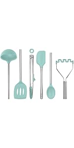 Tovolo Silicone Spatula with Wooden Handle Set of 5 Piece Silicone Kitchen Utensil Set Spoonula Jar Scraper Mini Spatula and Spoonula for Cooking Baking Mixing Folding Aqua Seafoam Green