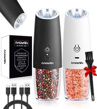 AmuseWit Gravity Electric Salt and Pepper Grinder Set [White Light] USB Rechargeable Automatic Pepper and Salt Mills,Adjustable Coarseness,One-Handed Operation,Stainless Steel