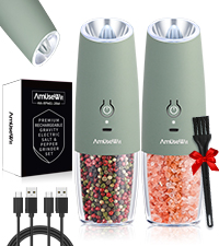 AmuseWit Gravity Electric Salt and Pepper Grinder Set [White Light] USB Rechargeable Automatic Pepper and Salt Mills,Adjustable Coarseness,One-Handed Operation,Stainless Steel