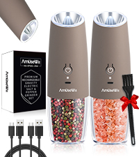 AmuseWit Gravity Electric Salt and Pepper Grinder Set [White Light] USB Rechargeable Automatic Pepper and Salt Mills,Adjustable Coarseness,One-Handed Operation,Stainless Steel