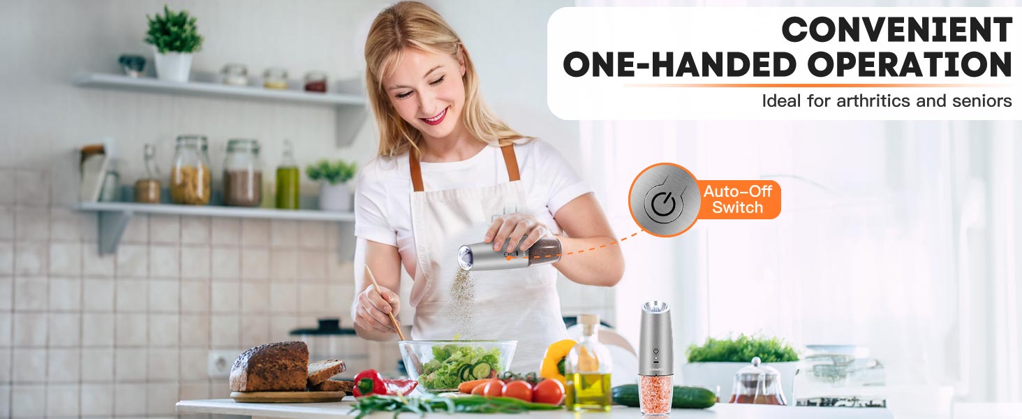 AmuseWit Gravity Electric Salt and Pepper Grinder Set [White Light] USB Rechargeable Automatic Pepper and Salt Mills,Adjustable Coarseness,One-Handed Operation,Stainless Steel