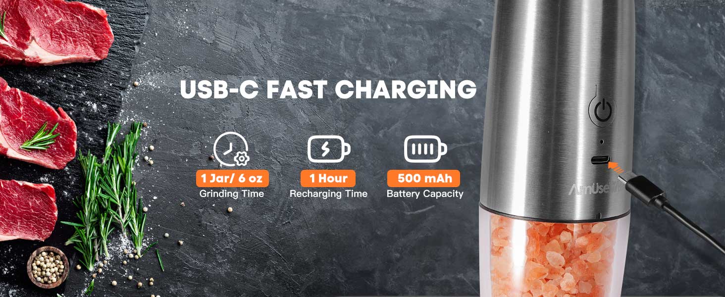 AmuseWit Gravity Electric Salt and Pepper Grinder Set [White Light] USB Rechargeable Automatic Pepper and Salt Mills,Adjustable Coarseness,One-Handed Operation,Stainless Steel