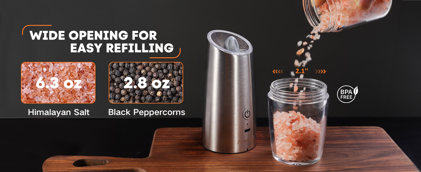 AmuseWit Gravity Electric Salt and Pepper Grinder Set [White Light] USB Rechargeable Automatic Pepper and Salt Mills,Adjustable Coarseness,One-Handed Operation,Stainless Steel