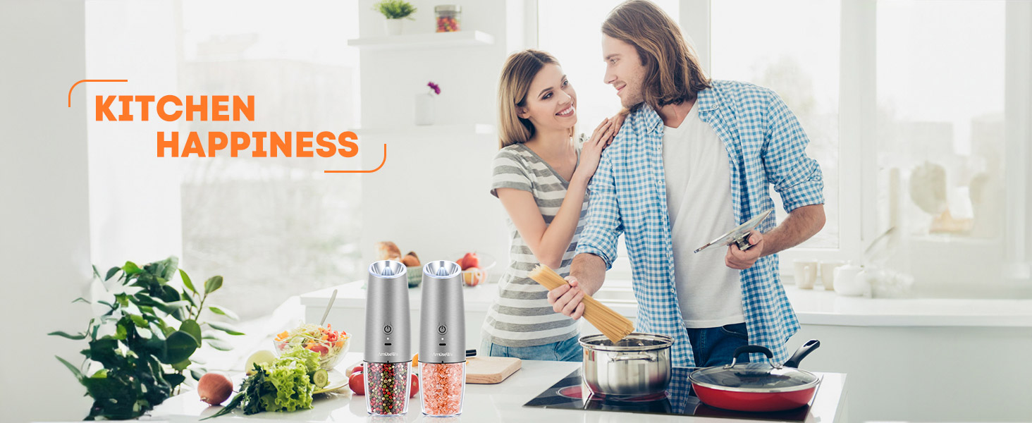 AmuseWit Gravity Electric Salt and Pepper Grinder Set [White Light] USB Rechargeable Automatic Pepper and Salt Mills,Adjustable Coarseness,One-Handed Operation,Stainless Steel