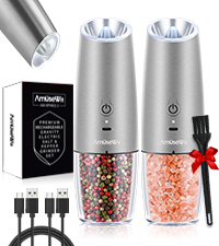 AmuseWit Gravity Electric Salt and Pepper Grinder Set [White Light] USB Rechargeable Automatic Pepper and Salt Mills,Adjustable Coarseness,One-Handed Operation,Stainless Steel