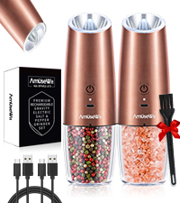 AmuseWit Gravity Electric Salt and Pepper Grinder Set [White Light] USB Rechargeable Automatic Pepper and Salt Mills,Adjustable Coarseness,One-Handed Operation,Stainless Steel