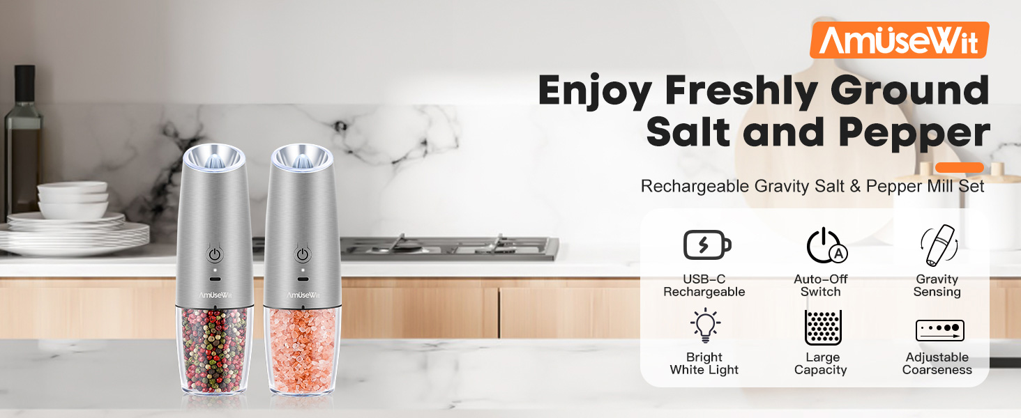 AmuseWit Gravity Electric Salt and Pepper Grinder Set [White Light] USB Rechargeable Automatic Pepper and Salt Mills,Adjustable Coarseness,One-Handed Operation,Stainless Steel