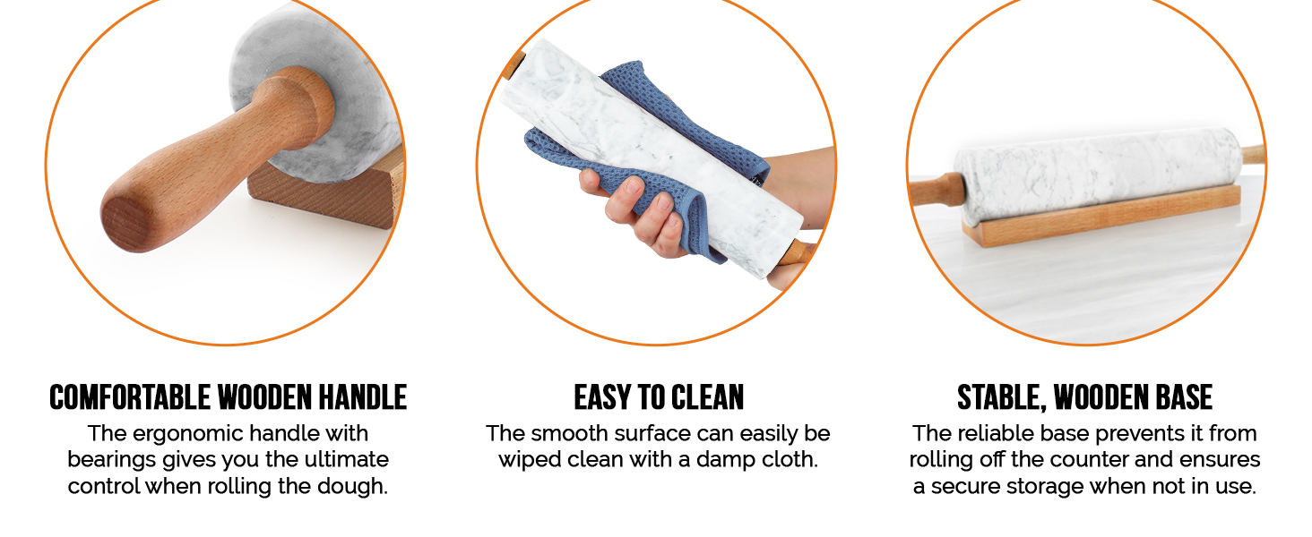 Zulay Kitchen 17-Inch Marble Rolling Pin With Stand - Polished Marble Rolling Pins For Baking With Long Beechwood Handle - Non-stick Roller Pin For Baking Pastries, Bread & Pizza