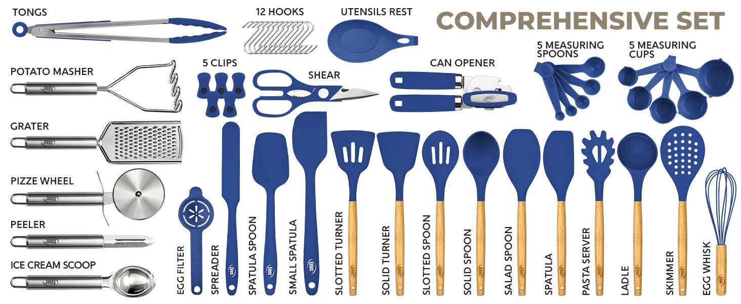 Kaluns 50 PCS Silicone Kitchen Utensils Set Complete Kitchen Set - 800°F Heat Resistant Non-Stick Premium Cooking Utensils W Wooden Handles - Can Opener, Masher, Turner, Silicone Spatula Set