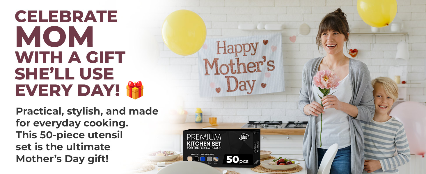 Kaluns 50 PCS Silicone Kitchen Utensils Set Complete Kitchen Set - 800°F Heat Resistant Non-Stick Premium Cooking Utensils W Wooden Handles - Can Opener, Masher, Turner, Silicone Spatula Set