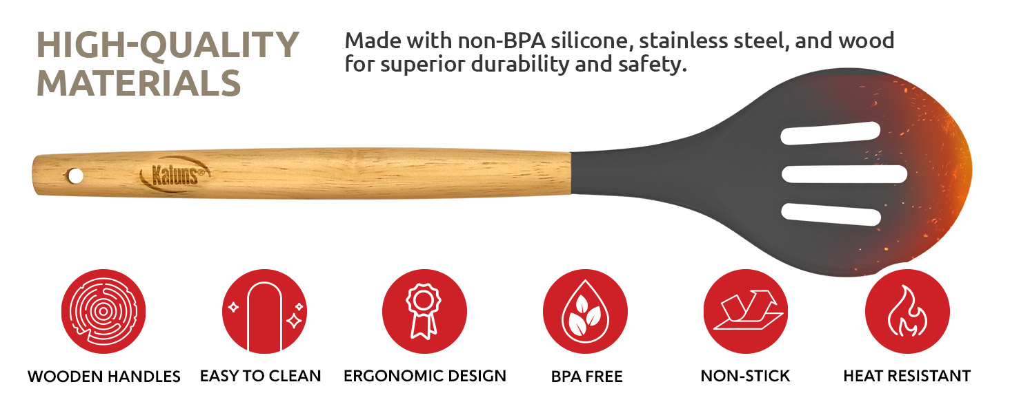 Kaluns 50 PCS Silicone Kitchen Utensils Set Complete Kitchen Set - 800°F Heat Resistant Non-Stick Premium Cooking Utensils W Wooden Handles - Can Opener, Masher, Turner, Silicone Spatula Set