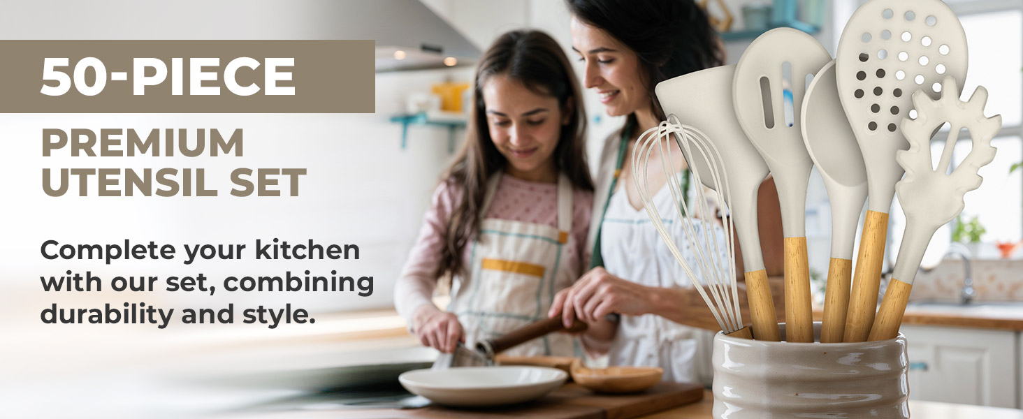 Kaluns 50 PCS Silicone Kitchen Utensils Set Complete Kitchen Set - 800°F Heat Resistant Non-Stick Premium Cooking Utensils W Wooden Handles - Can Opener, Masher, Turner, Silicone Spatula Set