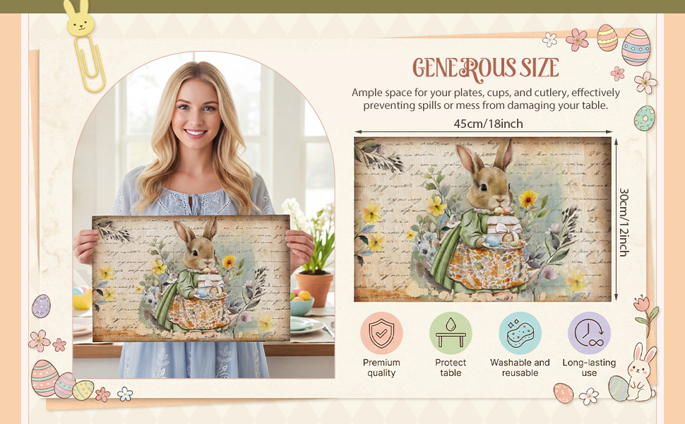 Set of 6 Easter Placemats 12 x 18 Inch Bunny Flower Easter Eggs Washable Placemats, Rustic Vintage Spring Rabbits Tulip Table Mats Dining Table Decor for Home Farmhouse Kitchen and Restaurant(Bunny)