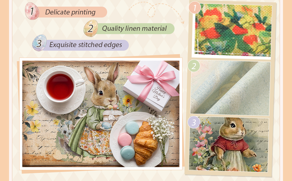 Set of 6 Easter Placemats 12 x 18 Inch Bunny Flower Easter Eggs Washable Placemats, Rustic Vintage Spring Rabbits Tulip Table Mats Dining Table Decor for Home Farmhouse Kitchen and Restaurant(Bunny)