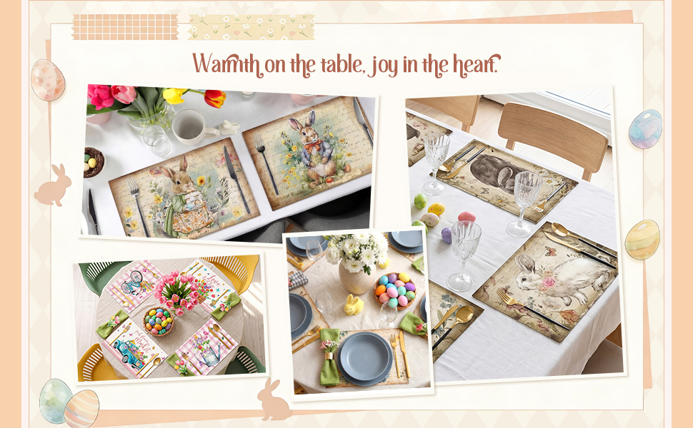 Set of 6 Easter Placemats 12 x 18 Inch Bunny Flower Easter Eggs Washable Placemats, Rustic Vintage Spring Rabbits Tulip Table Mats Dining Table Decor for Home Farmhouse Kitchen and Restaurant(Bunny)