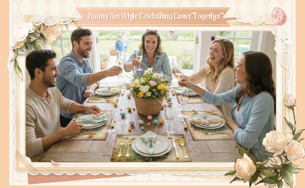 Set of 6 Easter Placemats 12 x 18 Inch Bunny Flower Easter Eggs Washable Placemats, Rustic Vintage Spring Rabbits Tulip Table Mats Dining Table Decor for Home Farmhouse Kitchen and Restaurant(Bunny)