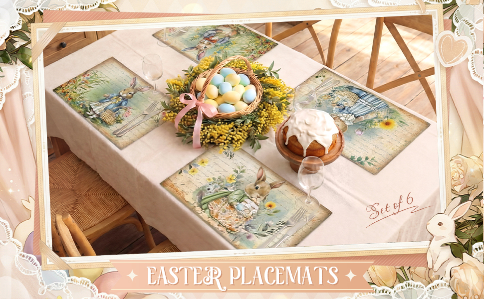 Set of 6 Easter Placemats 12 x 18 Inch Bunny Flower Easter Eggs Washable Placemats, Rustic Vintage Spring Rabbits Tulip Table Mats Dining Table Decor for Home Farmhouse Kitchen and Restaurant(Bunny)