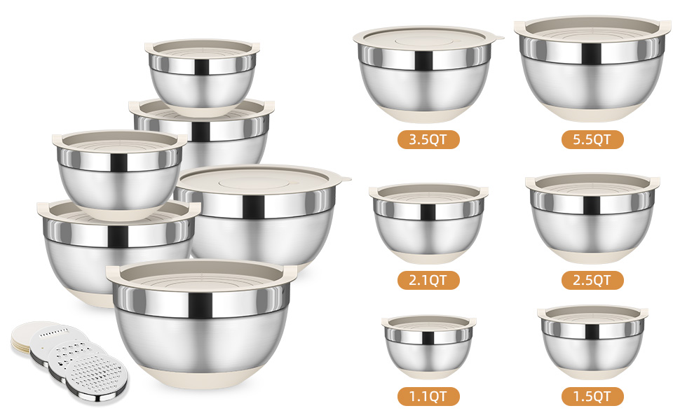 Mixing Bowls with Lids Set, 6 Piece Stainless Steel Nesting Storage Bowls for Kitchen, with 3 Grater Attachments & Non-Slip Bottoms, Size 5.5,3.5,2.5,2.1,1.5,1.1 QT