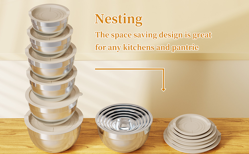 Mixing Bowls with Lids Set, 6 Piece Stainless Steel Nesting Storage Bowls for Kitchen, with 3 Grater Attachments & Non-Slip Bottoms, Size 5.5,3.5,2.5,2.1,1.5,1.1 QT