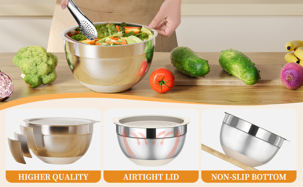 Mixing Bowls with Lids Set, 6 Piece Stainless Steel Nesting Storage Bowls for Kitchen, with 3 Grater Attachments & Non-Slip Bottoms, Size 5.5,3.5,2.5,2.1,1.5,1.1 QT