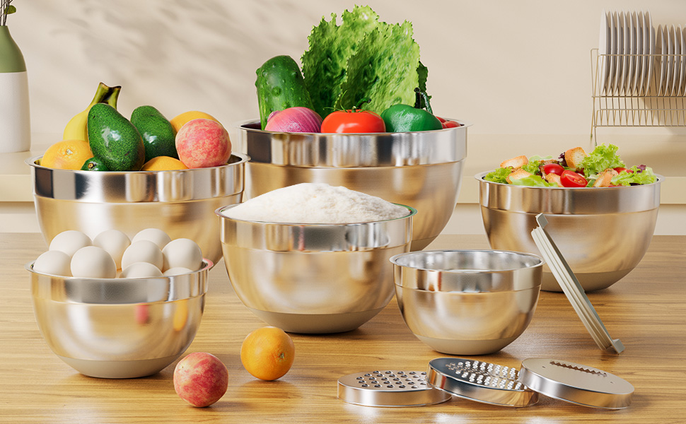 Mixing Bowls with Lids Set, 6 Piece Stainless Steel Nesting Storage Bowls for Kitchen, with 3 Grater Attachments & Non-Slip Bottoms, Size 5.5,3.5,2.5,2.1,1.5,1.1 QT