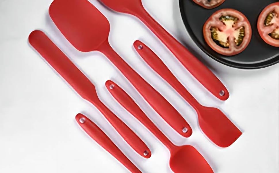 6 Pieces Silicone Spatula Set, Food Grade Rubber Spatula,Kitchen Tools for Baking, Cooking, Stirring (Red)