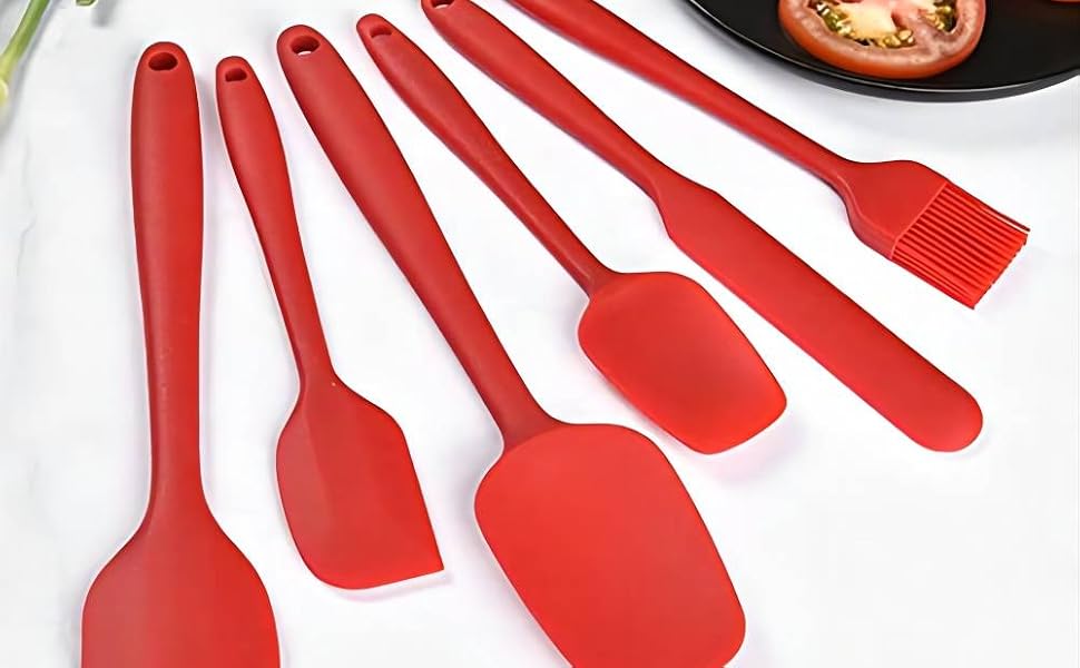6 Pieces Silicone Spatula Set, Food Grade Rubber Spatula,Kitchen Tools for Baking, Cooking, Stirring (Red)