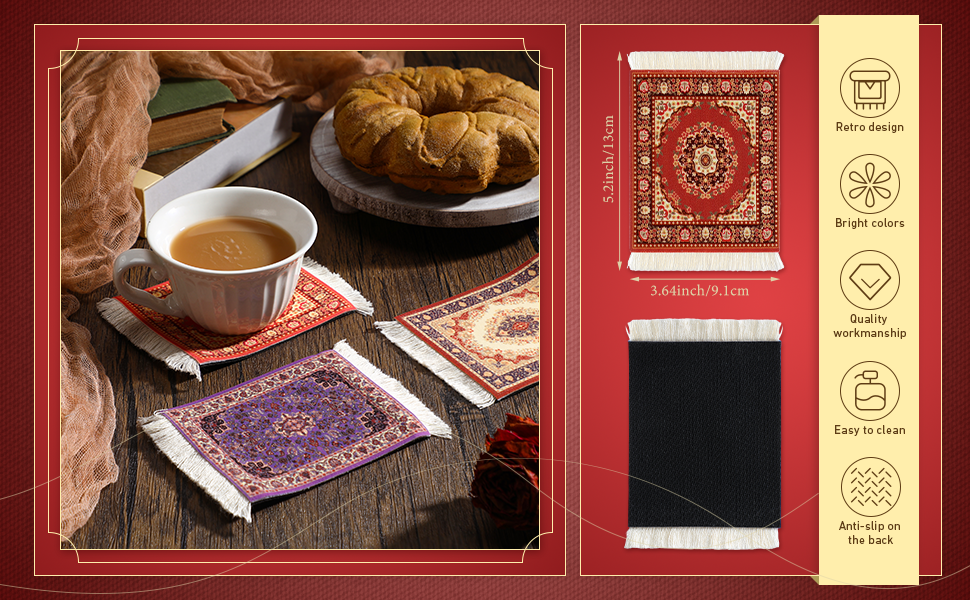 Preboun 10 Pcs Rug Table Coasters Table Drink Holder Vintage Oriental Design Fabric Carpet Drink Mat Moroccan Oriental Design Fabric Elegant Carpet Middle Eastern Gifts for Home Kitchen Bar(Classic)