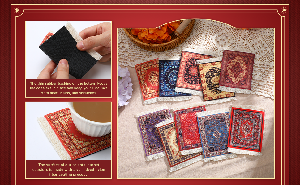 Preboun 10 Pcs Rug Table Coasters Table Drink Holder Vintage Oriental Design Fabric Carpet Drink Mat Moroccan Oriental Design Fabric Elegant Carpet Middle Eastern Gifts for Home Kitchen Bar(Classic)
